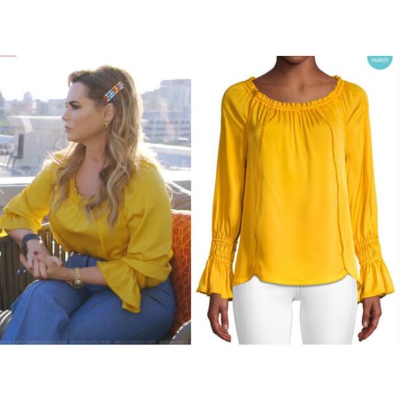 Kobi Halperin SIERRA Stretch Silk Georgette Blouse Peasant Top in Yellow Size XS - Picture 2 of 7